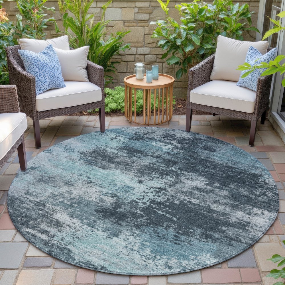 Machine Washable Indoor/Outdoor Chantille ACN2065 Teal 8' x 8' Round Rug. Picture 6