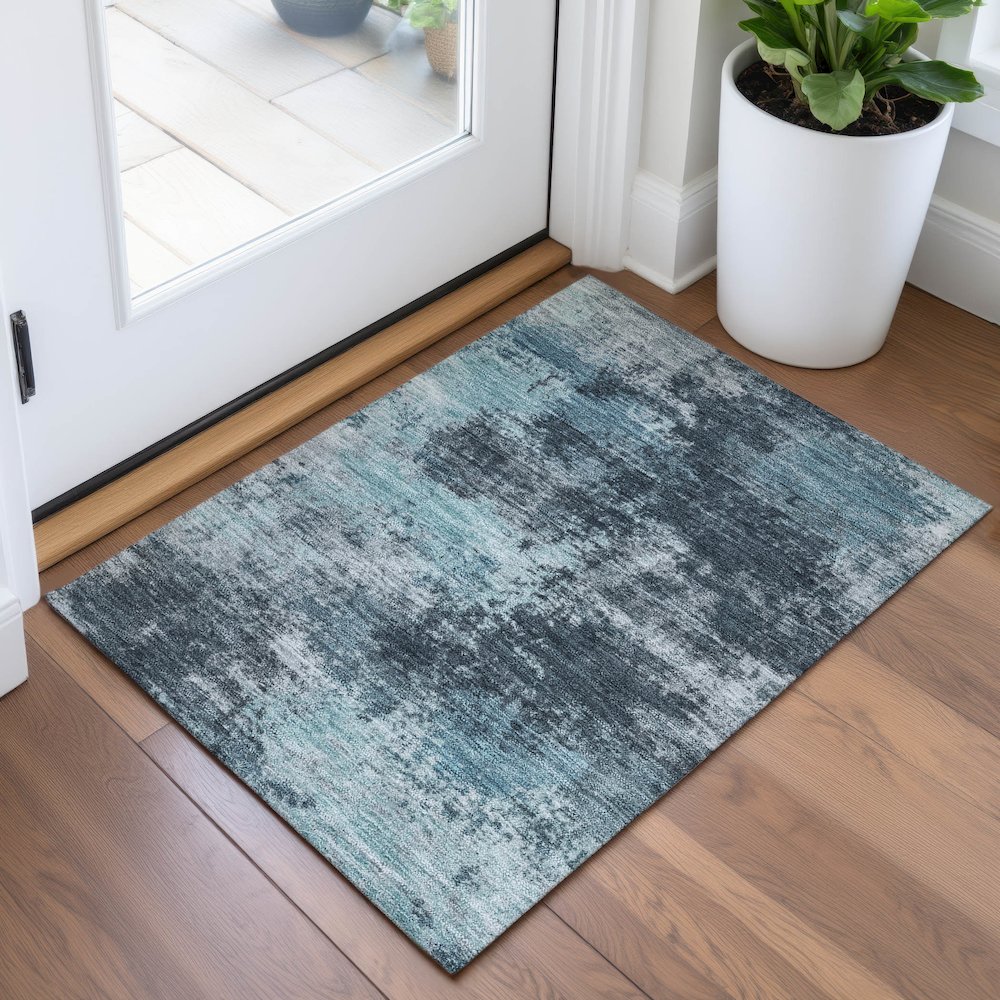 Machine Washable Indoor/Outdoor Chantille ACN2065 Teal 1'8" x 2'6" Rug. Picture 5
