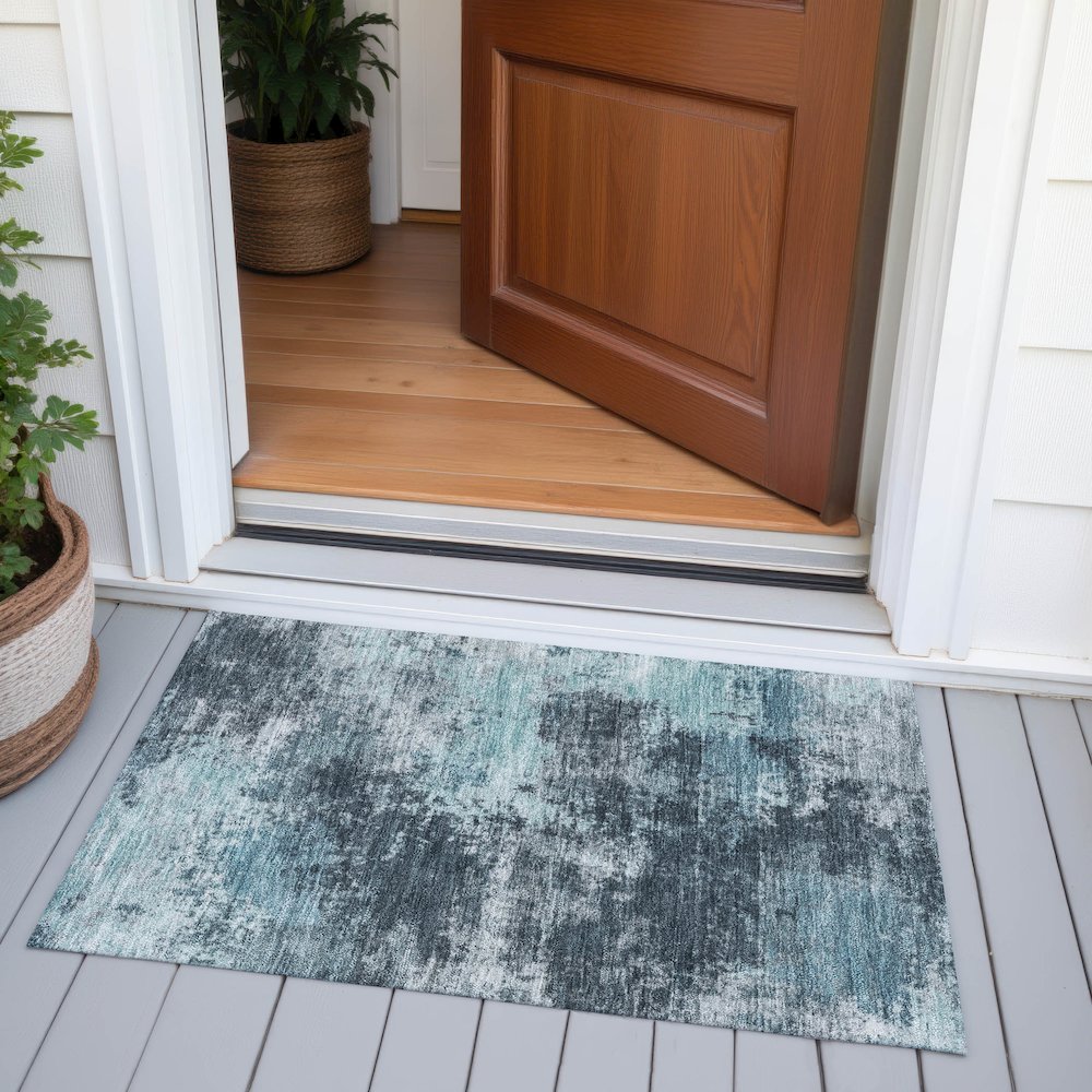 Machine Washable Indoor/Outdoor Chantille ACN2065 Teal 1'8" x 2'6" Rug. Picture 6