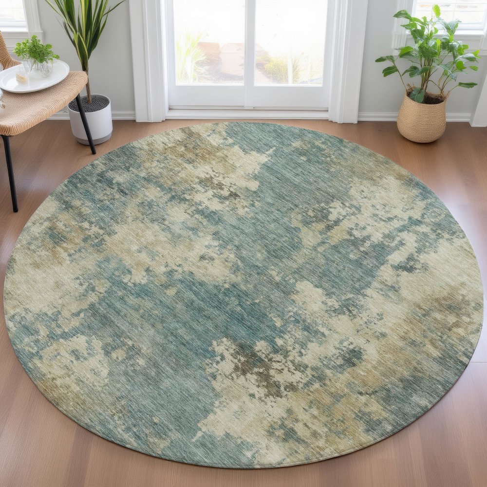 Machine Washable Indoor/Outdoor Chantille ACN2066 Teal 8' x 8' Round Rug. Picture 5