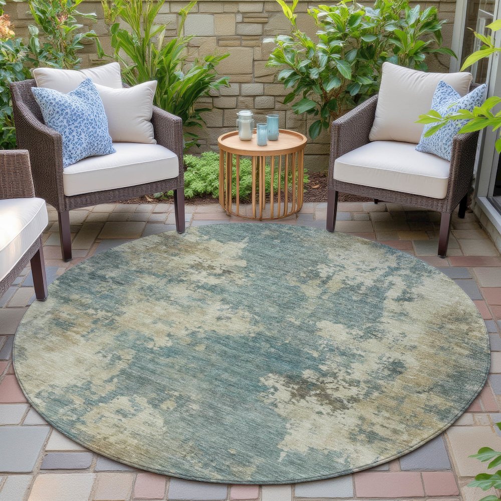 Machine Washable Indoor/Outdoor Chantille ACN2066 Teal 8' x 8' Round Rug. Picture 6