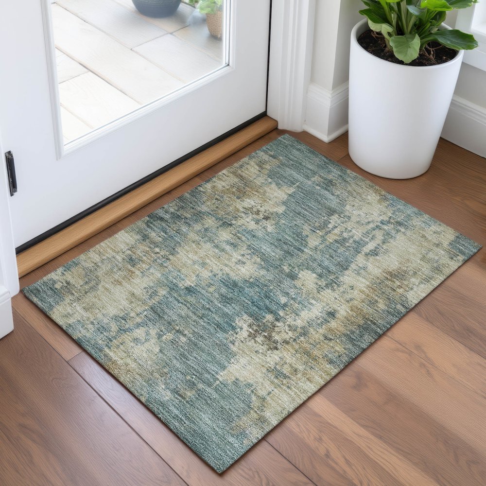 Machine Washable Indoor/Outdoor Chantille ACN2066 Teal 1'8" x 2'6" Rug. Picture 5
