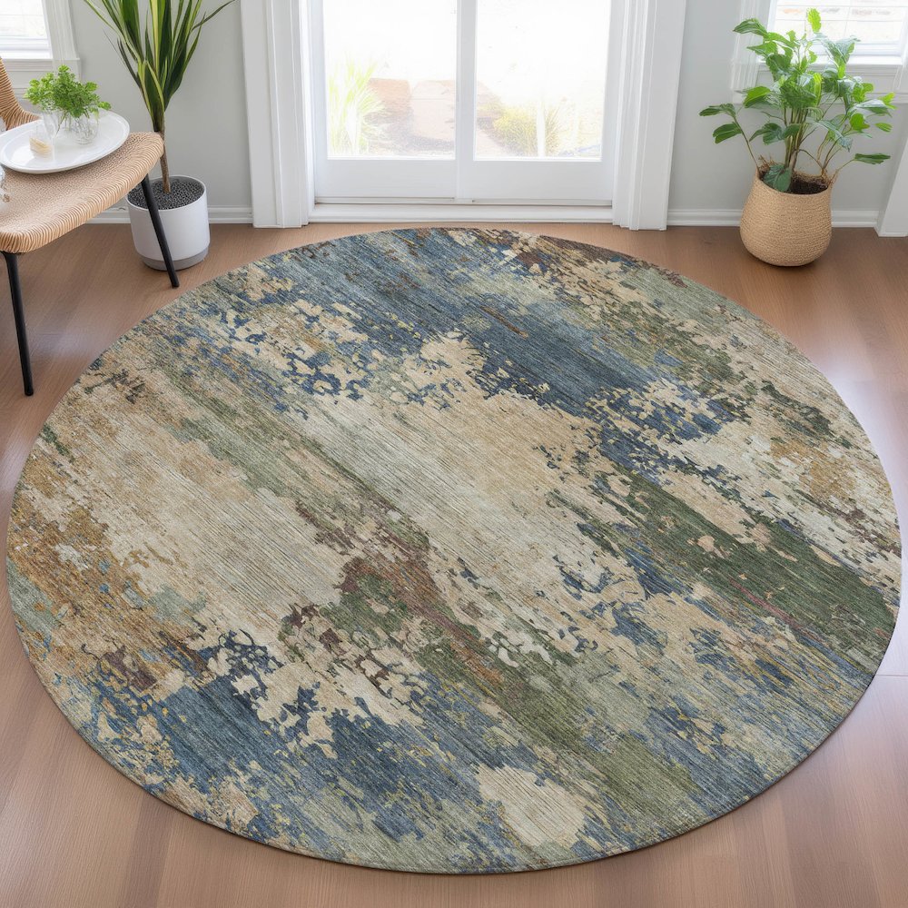 Machine Washable Indoor/Outdoor Chantille ACN2067 Blue 8' x 8' Round Rug. Picture 5