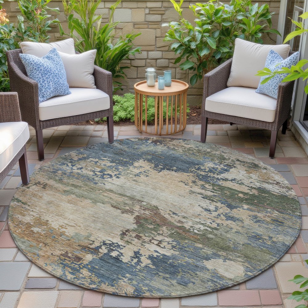 Machine Washable Indoor/Outdoor Chantille ACN2067 Blue 8' x 8' Round Rug. Picture 6