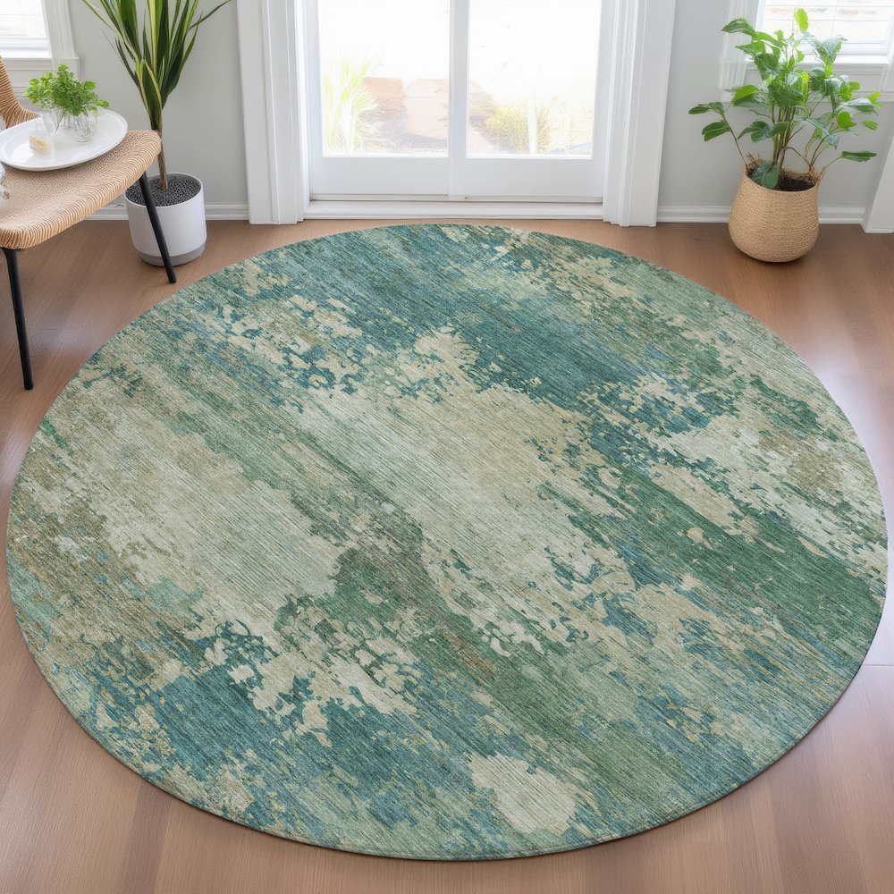 Machine Washable Indoor/Outdoor Chantille ACN2067 Teal 8' x 8' Round Rug. Picture 5