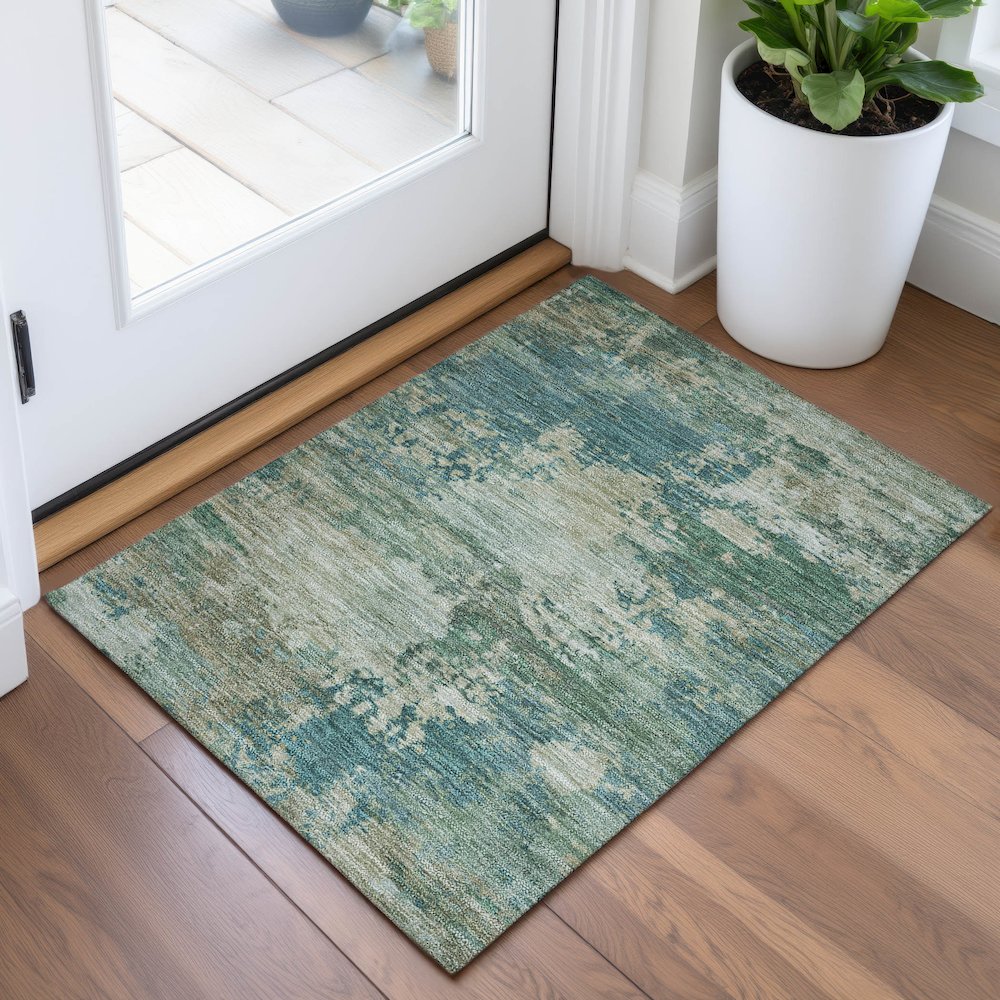 Machine Washable Indoor/Outdoor Chantille ACN2067 Teal 1'8" x 2'6" Rug. Picture 5