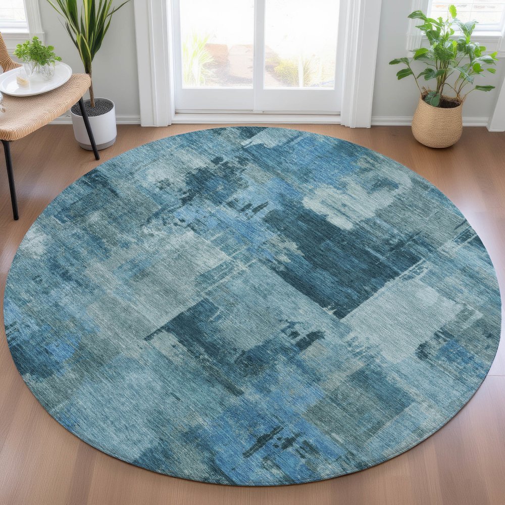 Machine Washable Indoor/Outdoor Chantille ACN2069 Blue 8' x 8' Round Rug. Picture 5