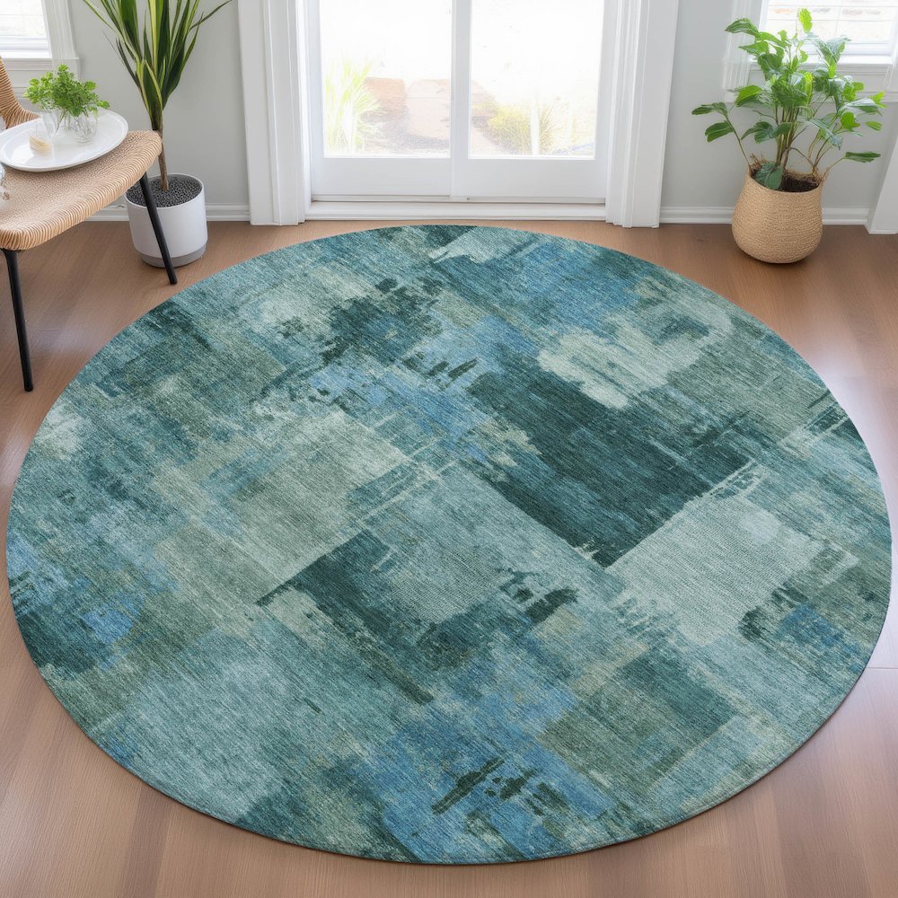 Machine Washable Indoor/Outdoor Chantille ACN2069 Teal 8' x 8' Round Rug. Picture 5