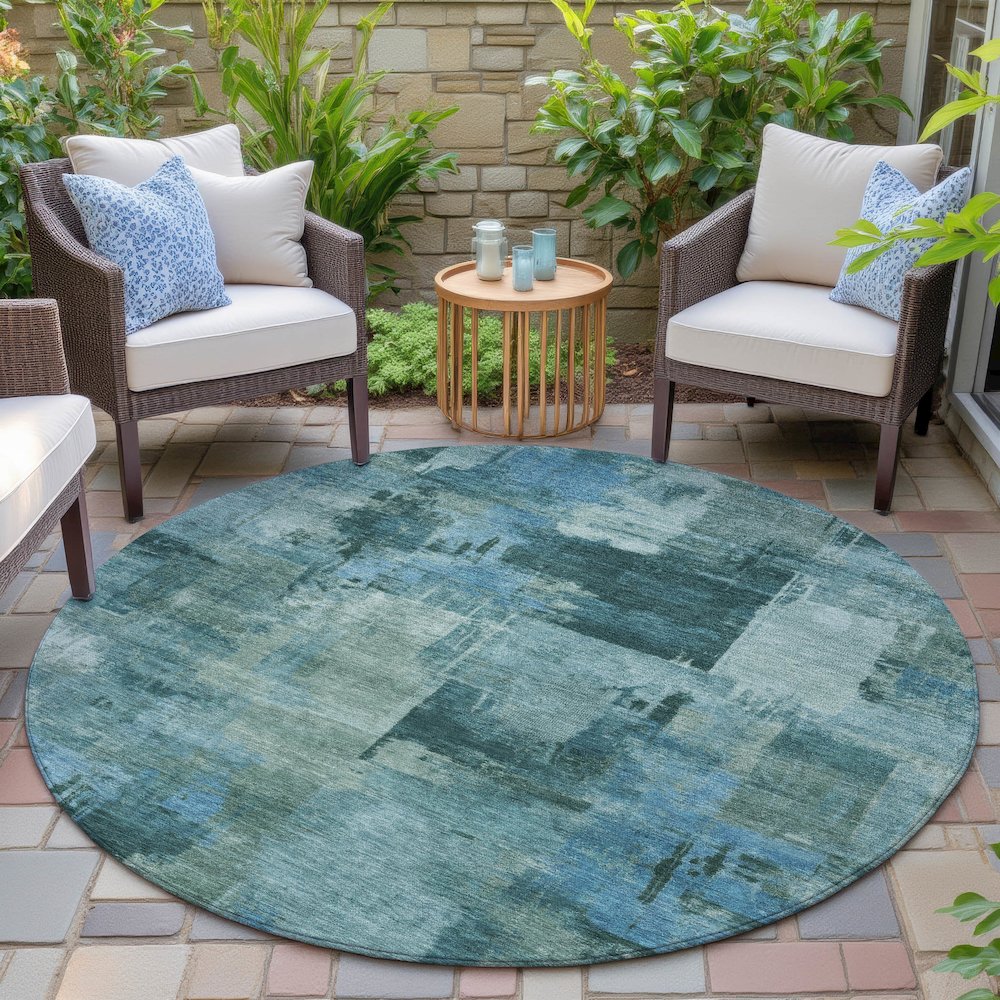 Machine Washable Indoor/Outdoor Chantille ACN2069 Teal 8' x 8' Round Rug. Picture 6