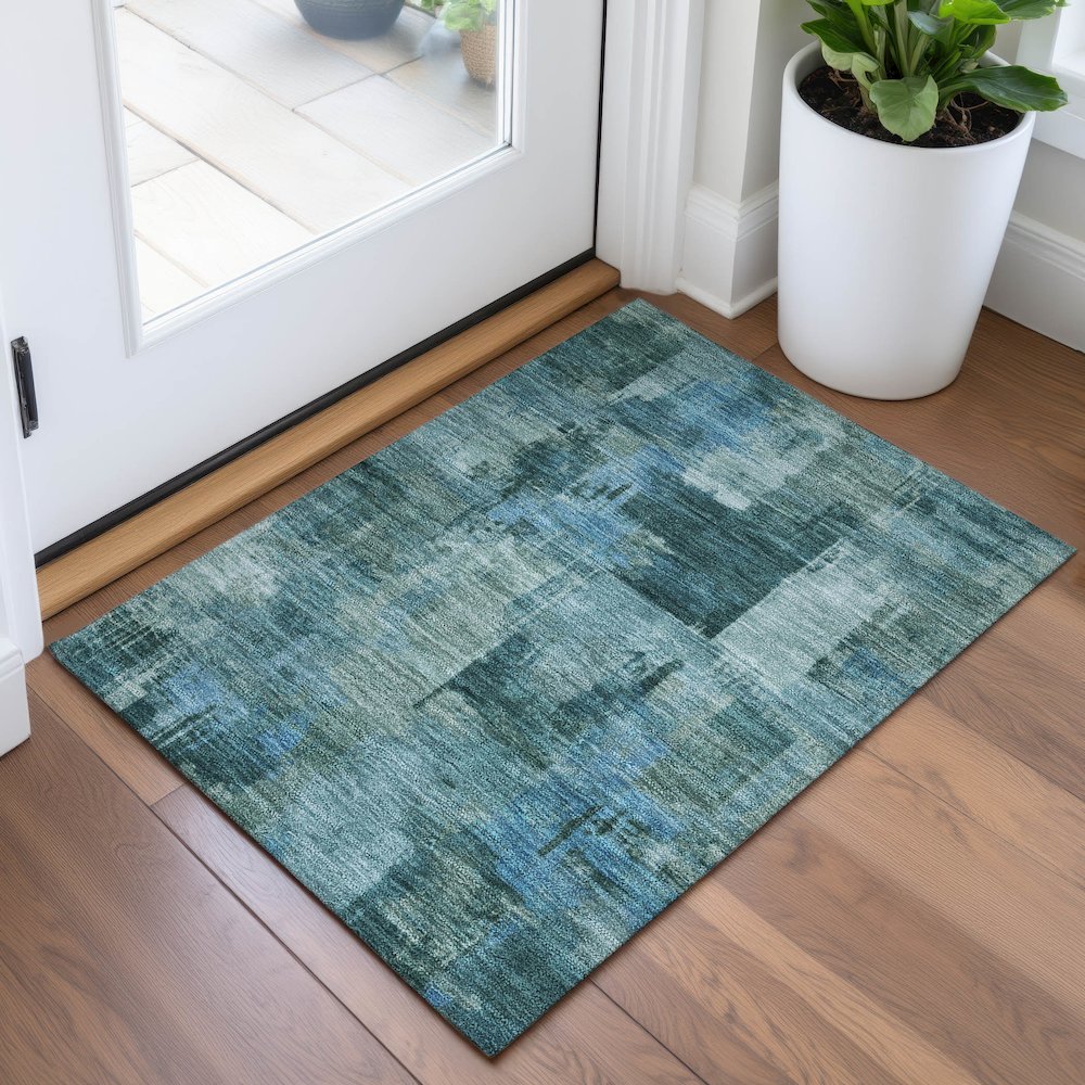 Machine Washable Indoor/Outdoor Chantille ACN2069 Teal 1'8" x 2'6" Rug. Picture 5