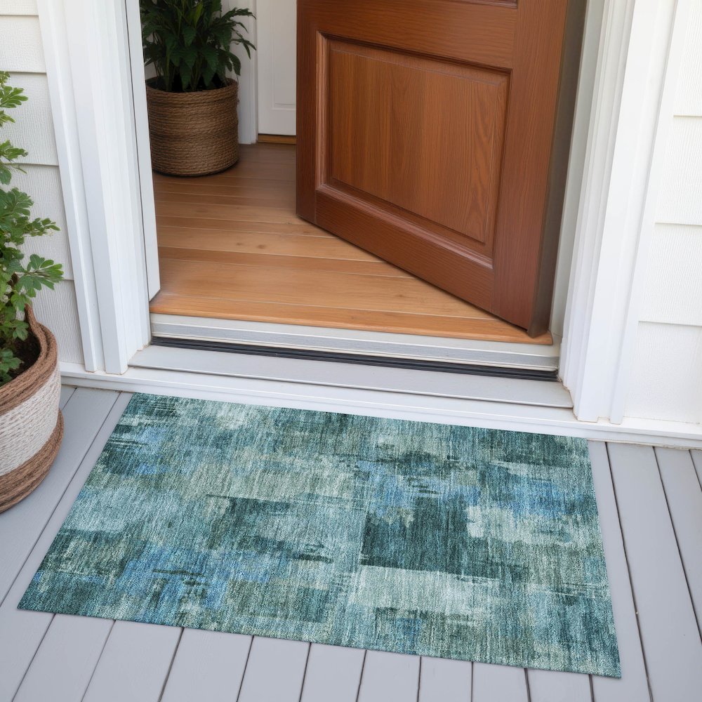 Machine Washable Indoor/Outdoor Chantille ACN2069 Teal 1'8" x 2'6" Rug. Picture 6