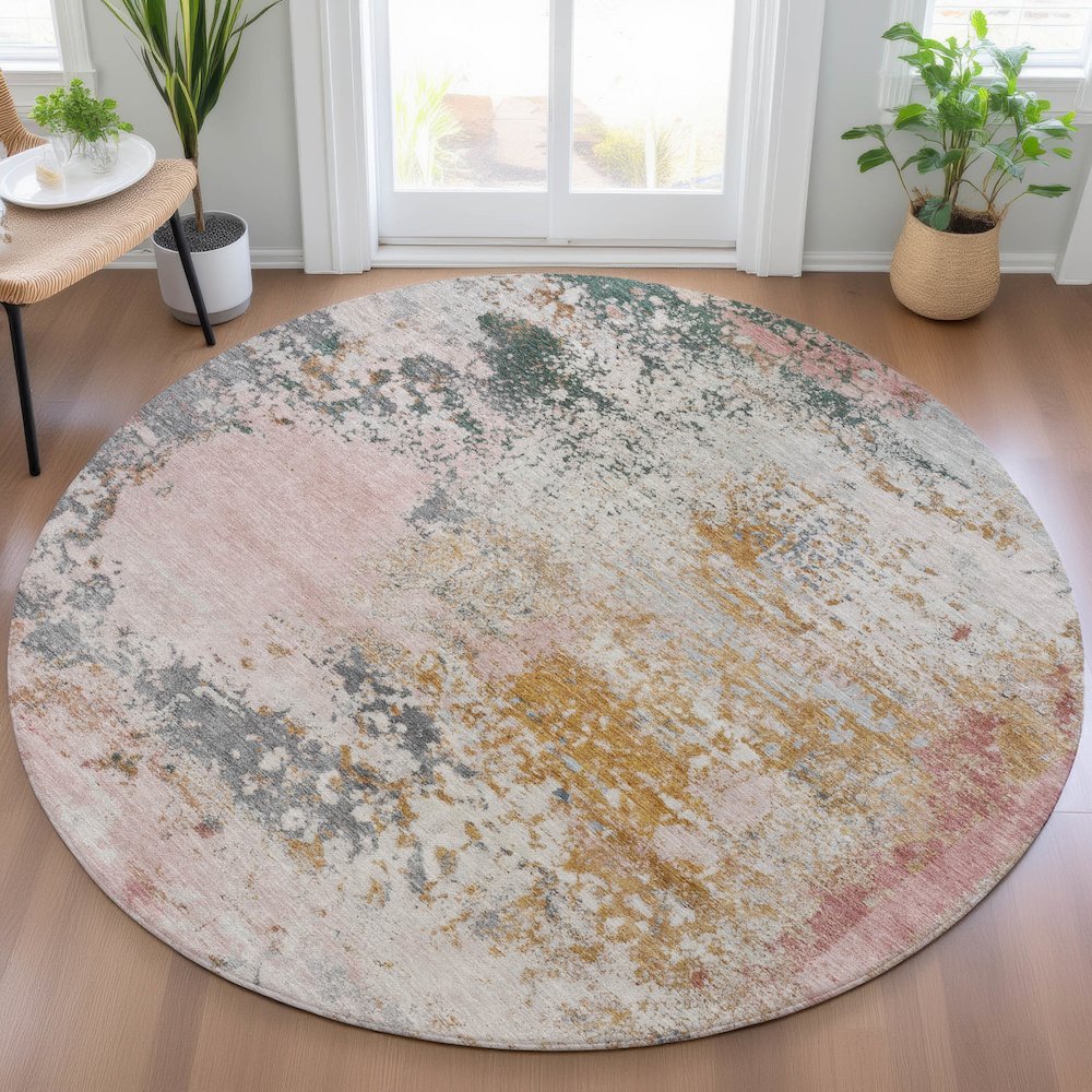 Machine Washable Indoor/Outdoor Chantille ACN2070 Pink 8' x 8' Round Rug. Picture 5
