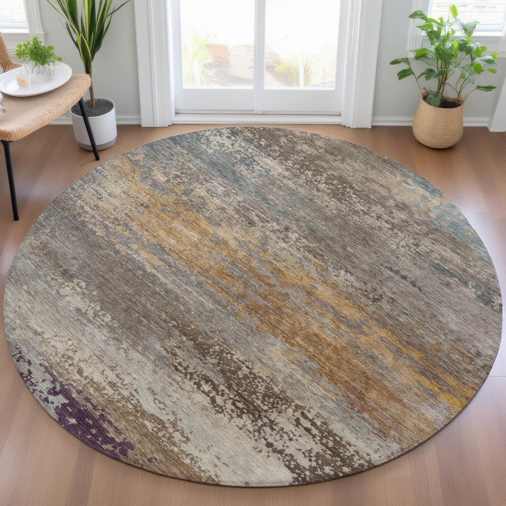 Machine Washable Indoor/Outdoor Chantille ACN2071 Brown 8' x 8' Round Rug. Picture 5