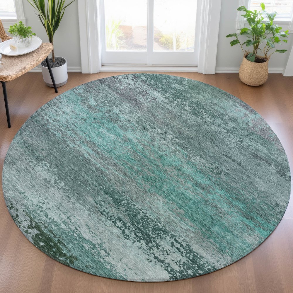 Machine Washable Indoor/Outdoor Chantille ACN2071 Teal 8' x 8' Round Rug. Picture 5