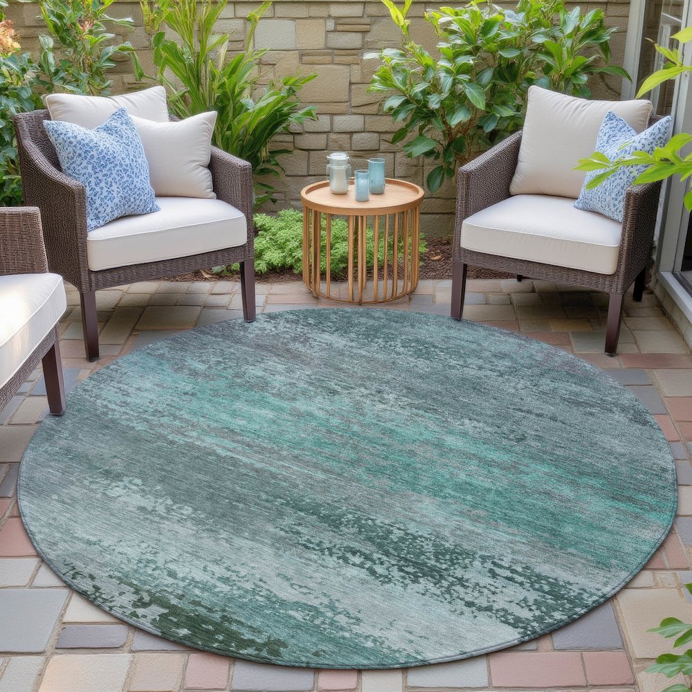 Machine Washable Indoor/Outdoor Chantille ACN2071 Teal 8' x 8' Round Rug. Picture 6