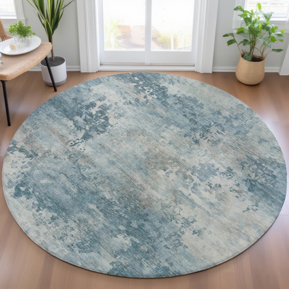 Machine Washable Indoor/Outdoor Chantille ACN2073 Teal 8' x 8' Round Rug. Picture 5