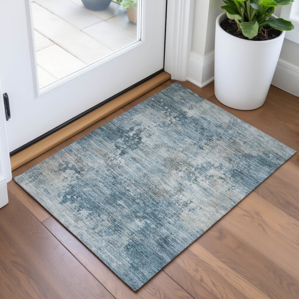 Machine Washable Indoor/Outdoor Chantille ACN2073 Teal 1'8" x 2'6" Rug. Picture 5