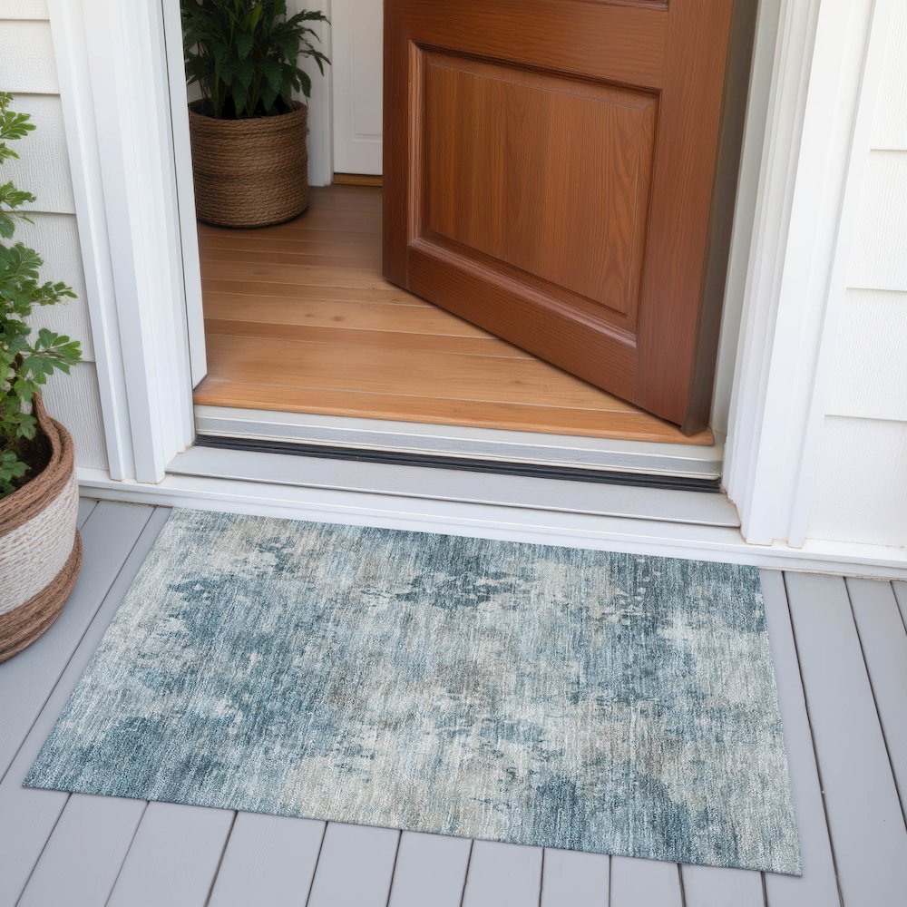Machine Washable Indoor/Outdoor Chantille ACN2073 Teal 1'8" x 2'6" Rug. Picture 6