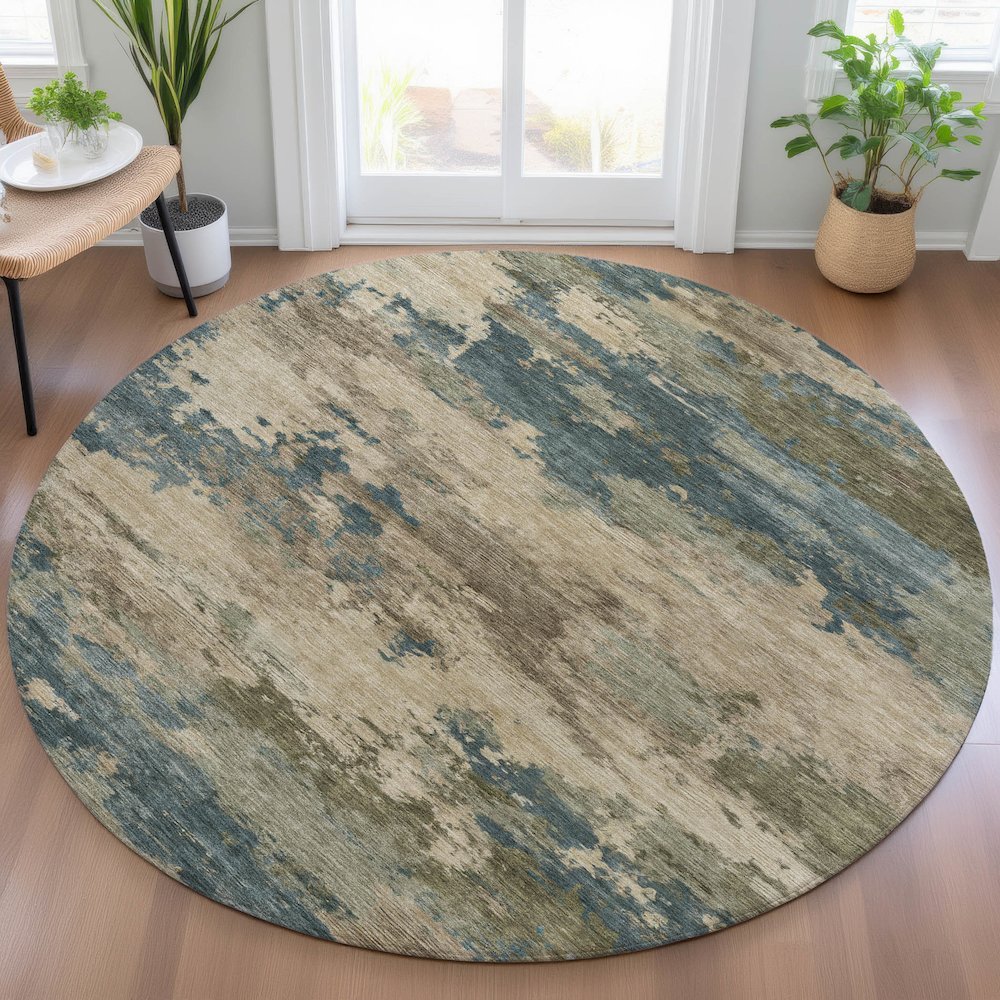 Machine Washable Indoor/Outdoor Chantille ACN2075 Teal 8' x 8' Round Rug. Picture 5