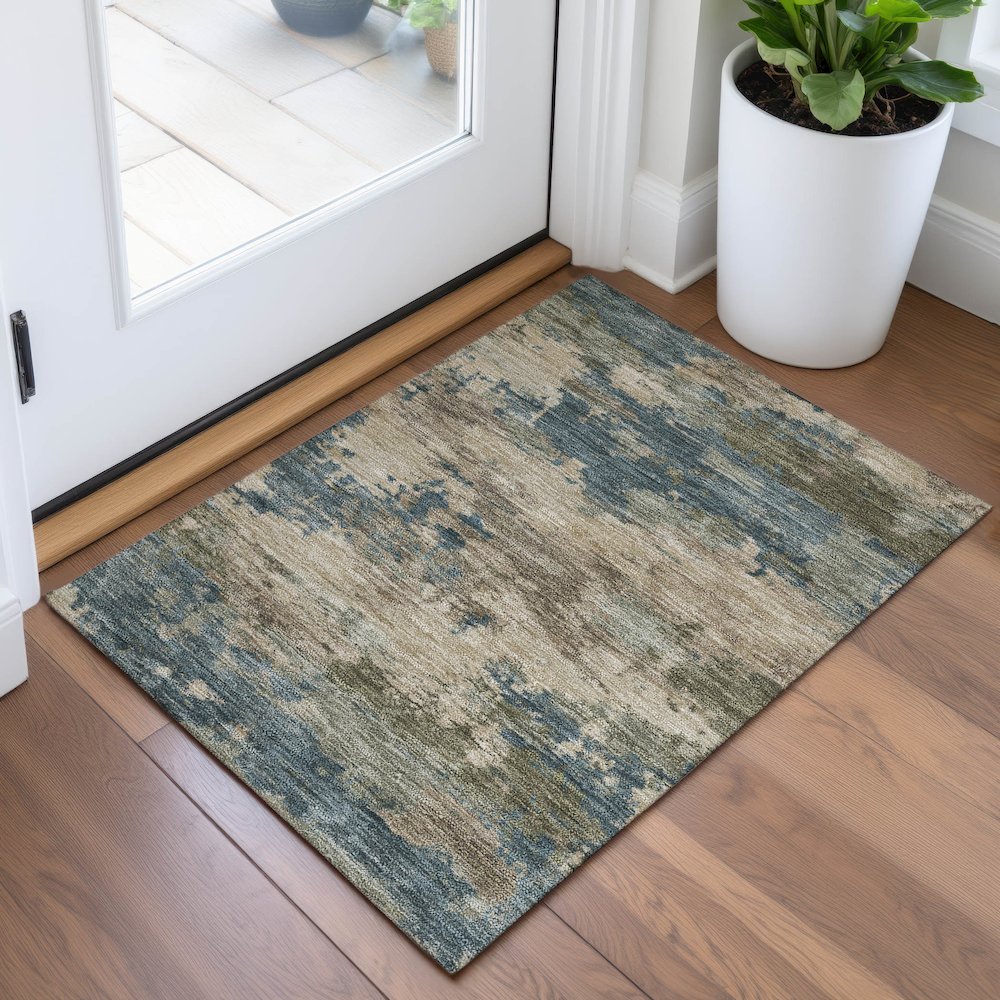 Machine Washable Indoor/Outdoor Chantille ACN2075 Teal 1'8" x 2'6" Rug. Picture 5