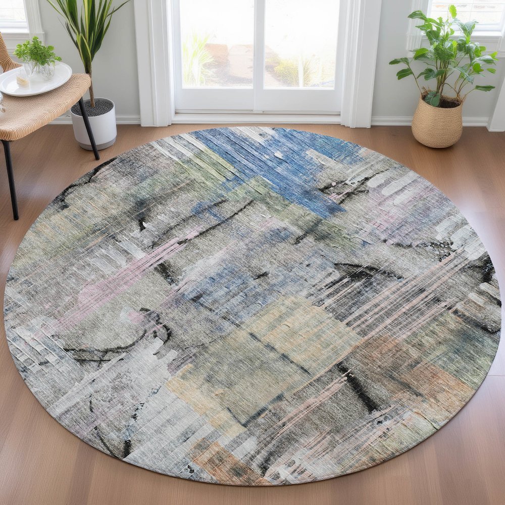 Machine Washable Indoor/Outdoor Chantille ACN2076 Blue 8' x 8' Round Rug. Picture 5