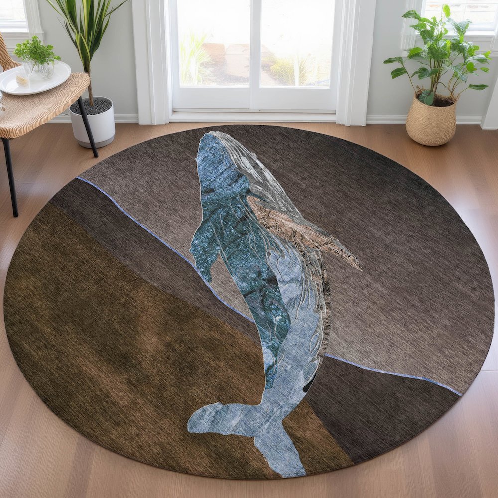 Machine Washable Indoor/Outdoor Chantille ACN2078 Brown 8' x 8' Round Rug. Picture 5
