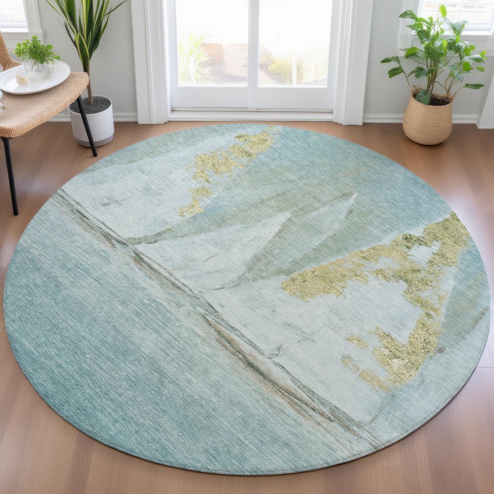 Machine Washable Indoor/Outdoor Chantille ACN2084 Teal 8' x 8' Round Rug. Picture 5