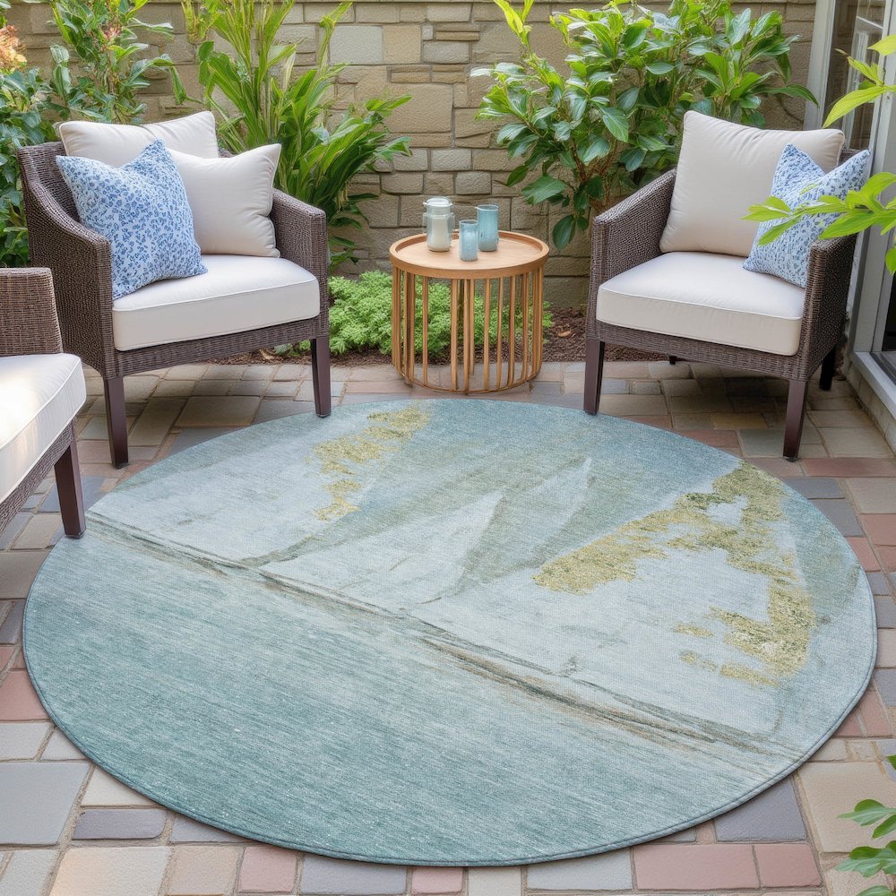 Machine Washable Indoor/Outdoor Chantille ACN2084 Teal 8' x 8' Round Rug. Picture 6