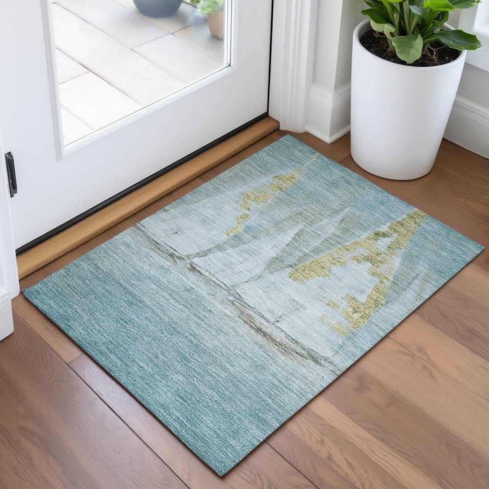 Machine Washable Indoor/Outdoor Chantille ACN2084 Teal 1'8" x 2'6" Rug. Picture 5