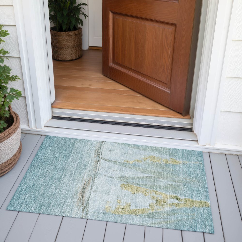 Machine Washable Indoor/Outdoor Chantille ACN2084 Teal 1'8" x 2'6" Rug. Picture 6