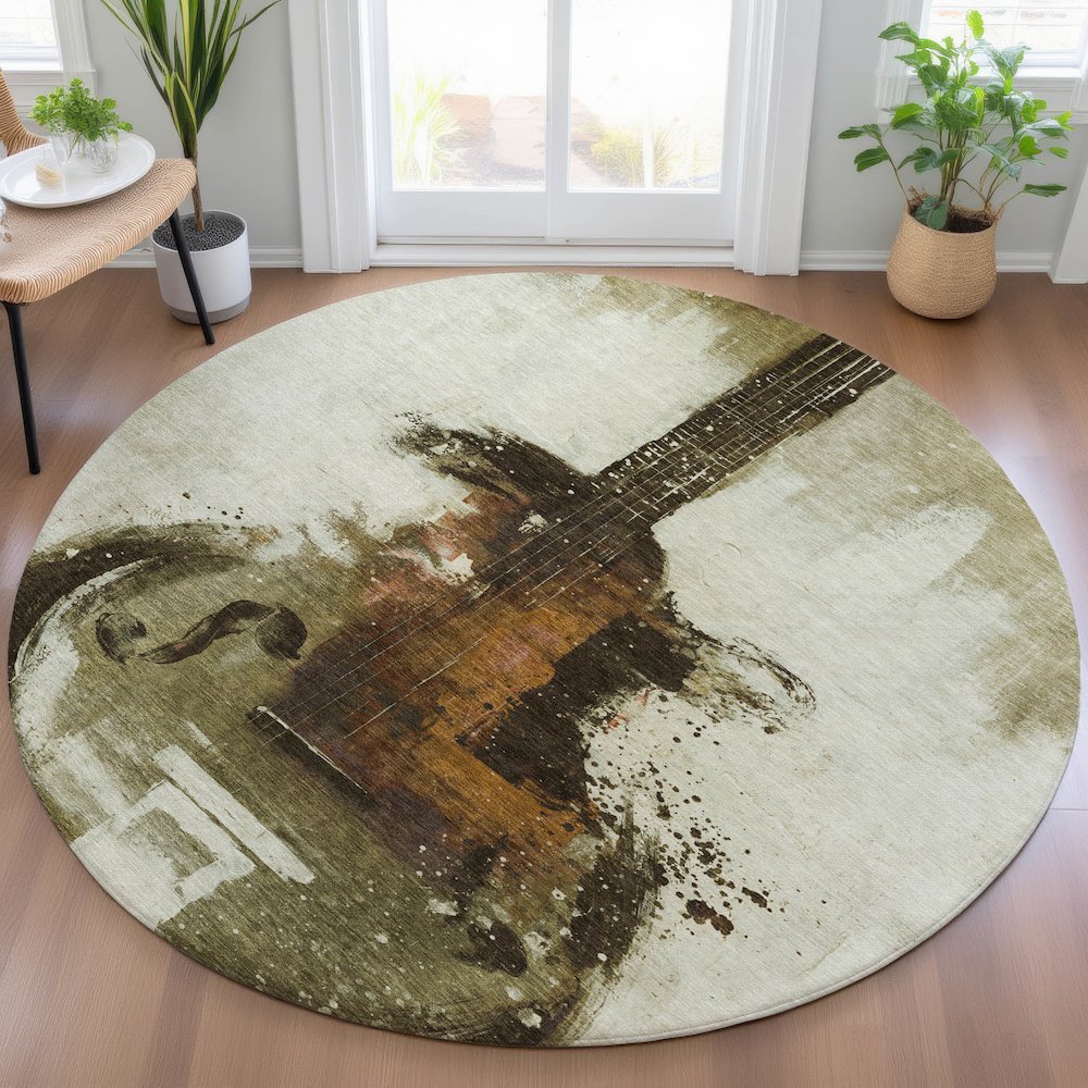 Machine Washable Indoor/Outdoor Chantille ACN2091 Brown 8' x 8' Round Rug. Picture 5