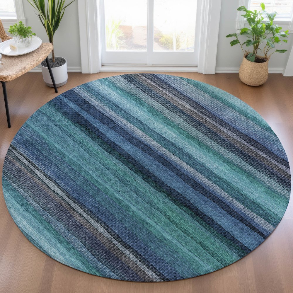Machine Washable Indoor/Outdoor Chantille ACN2093 Teal 8' x 8' Round Rug. Picture 5