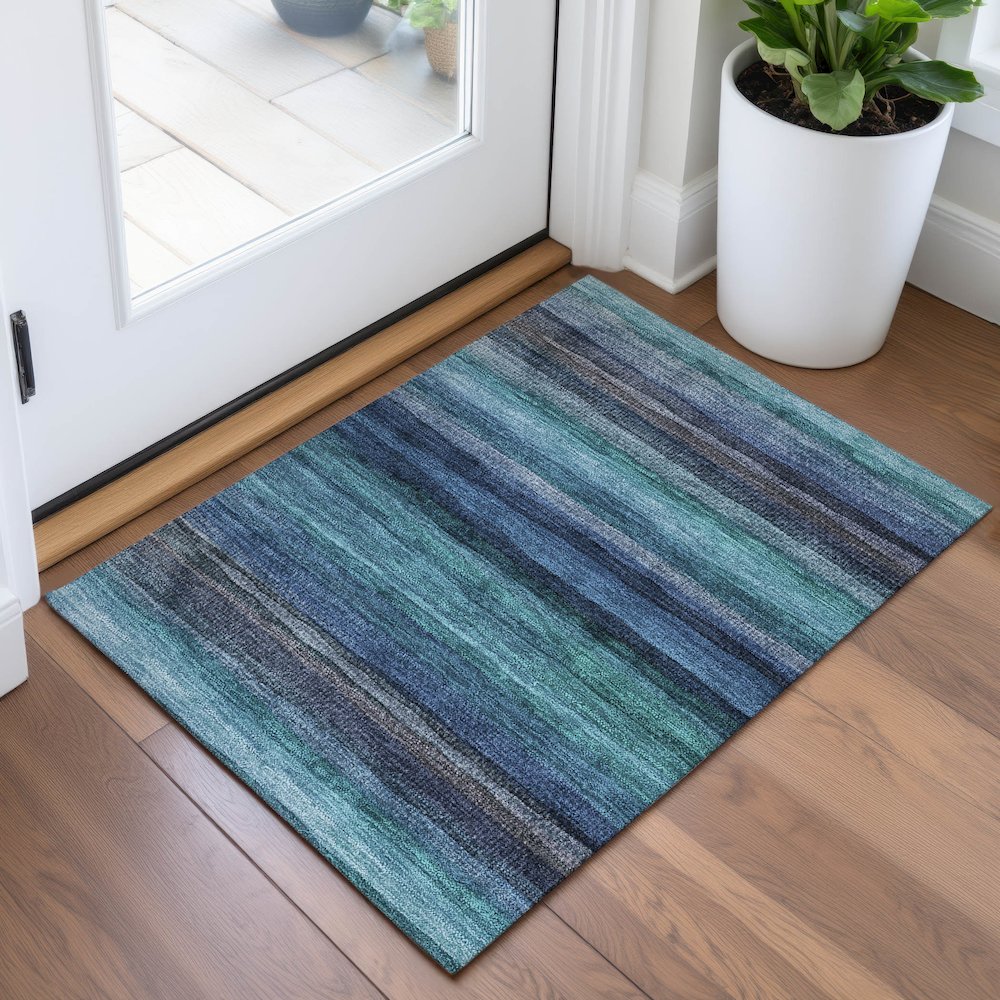 Machine Washable Indoor/Outdoor Chantille ACN2093 Teal 1'8" x 2'6" Rug. Picture 5