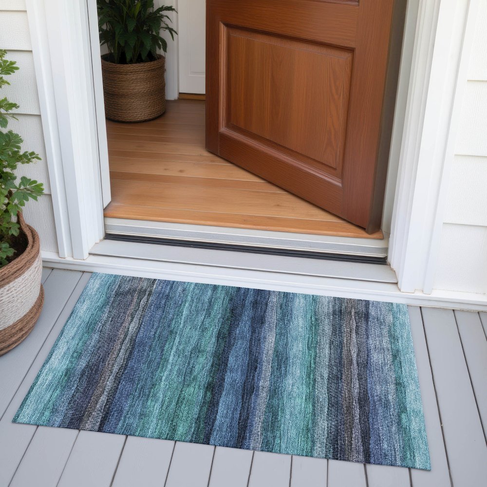 Machine Washable Indoor/Outdoor Chantille ACN2093 Teal 1'8" x 2'6" Rug. Picture 6