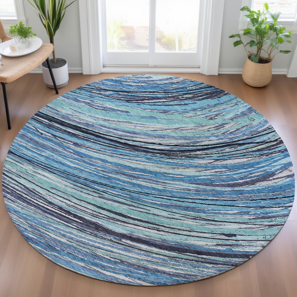 Machine Washable Indoor/Outdoor Chantille ACN2094 Blue 8' x 8' Round Rug. Picture 5