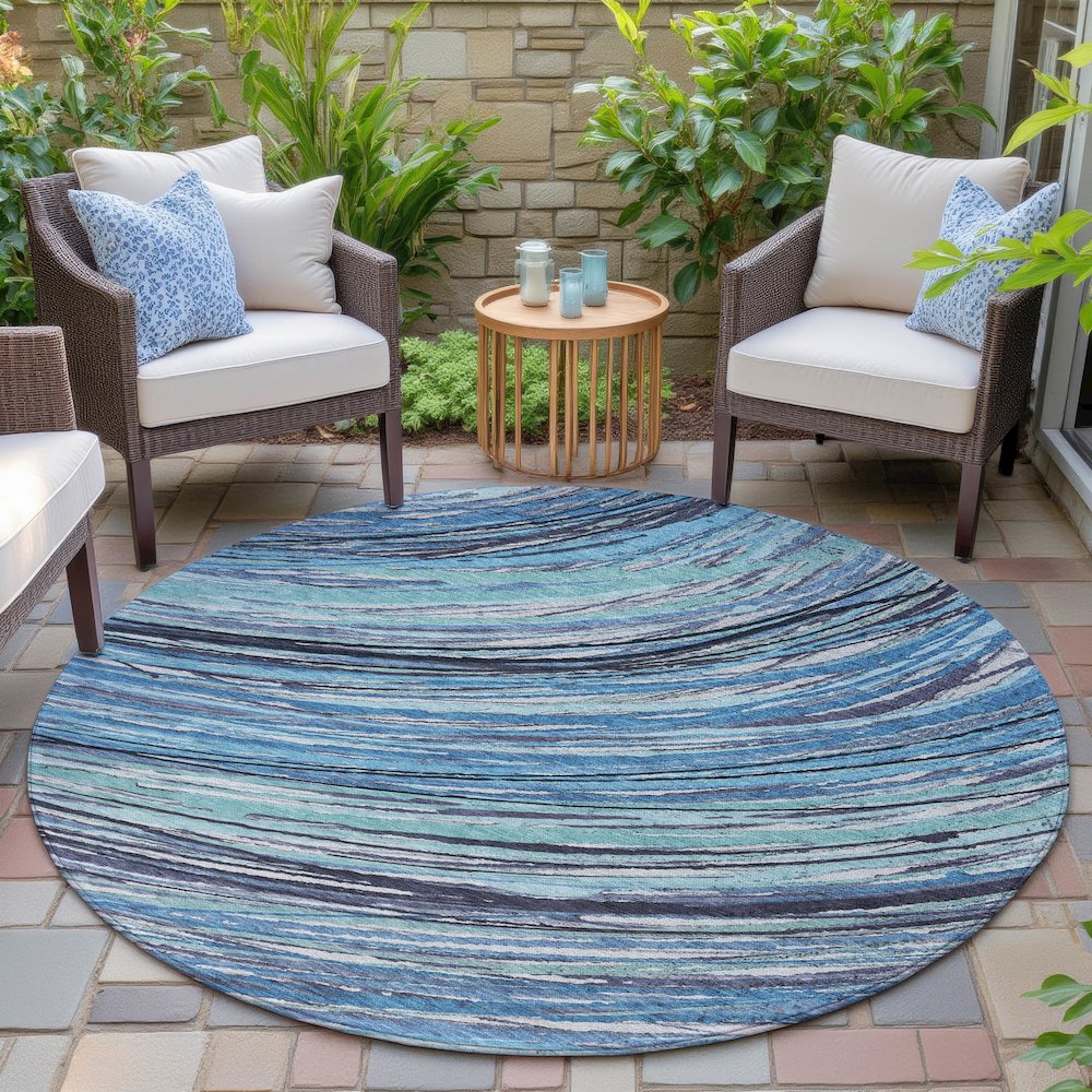Machine Washable Indoor/Outdoor Chantille ACN2094 Blue 8' x 8' Round Rug. Picture 6