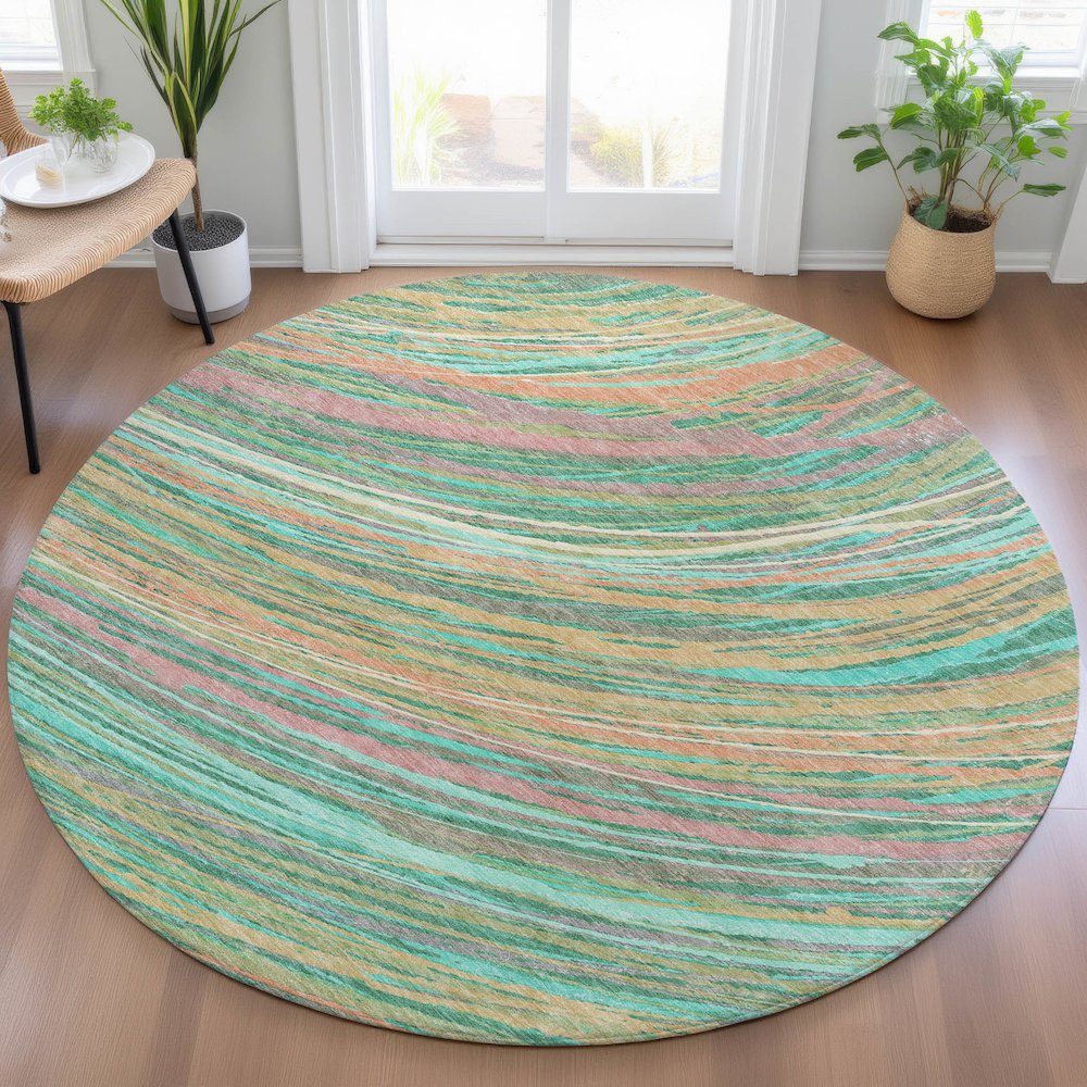 Machine Washable Indoor/Outdoor Chantille ACN2094 Teal 8' x 8' Round Rug. Picture 5