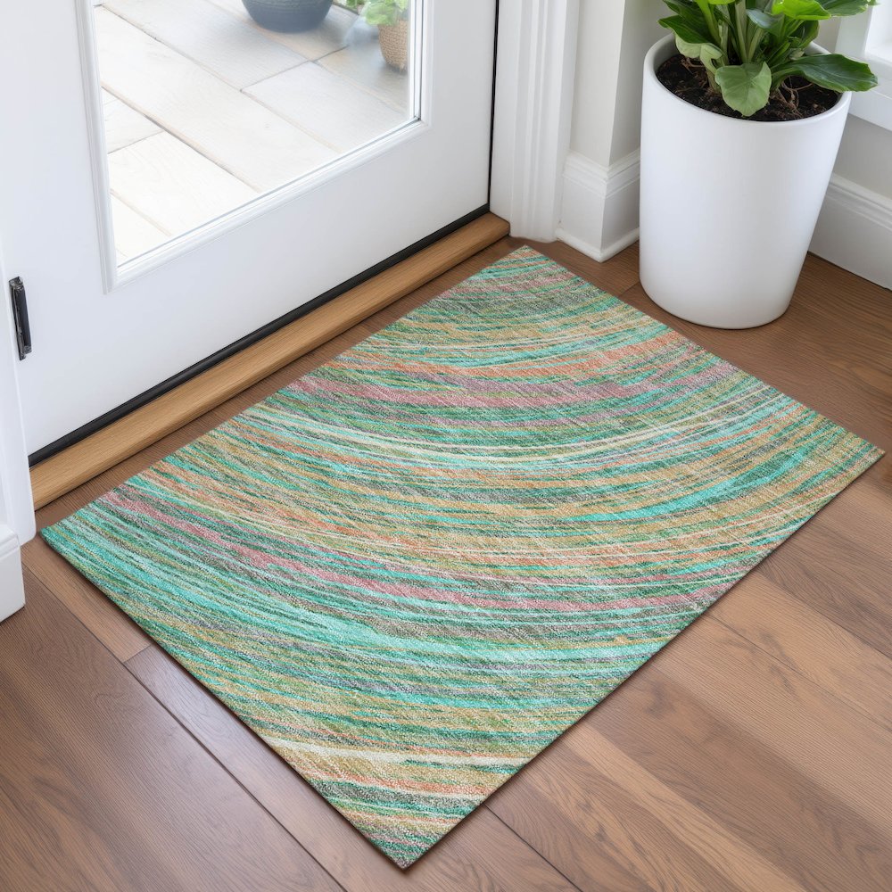 Machine Washable Indoor/Outdoor Chantille ACN2094 Teal 1'8" x 2'6" Rug. Picture 5