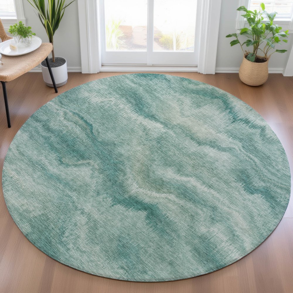 Machine Washable Indoor/Outdoor Chantille ACN2095 Teal 8' x 8' Round Rug. Picture 5