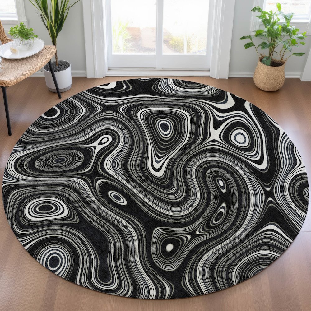 Machine Washable Indoor/Outdoor Chantille ACN2097 Black 8' x 8' Round Rug. Picture 5