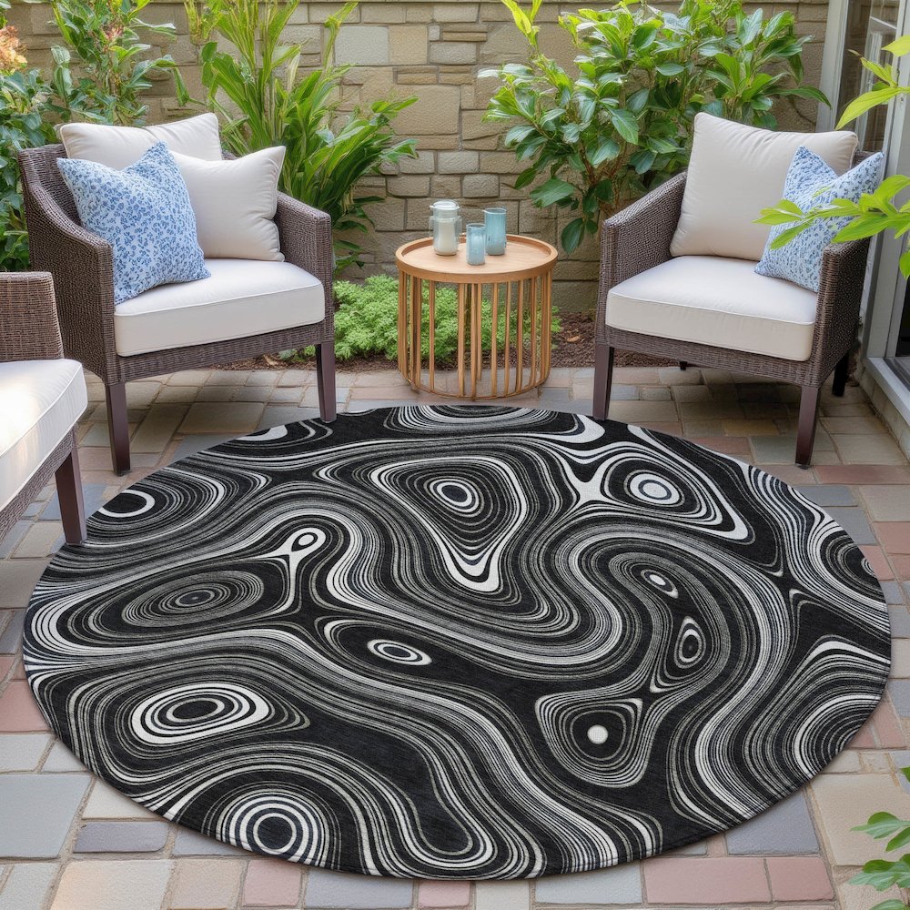 Machine Washable Indoor/Outdoor Chantille ACN2097 Black 8' x 8' Round Rug. Picture 6