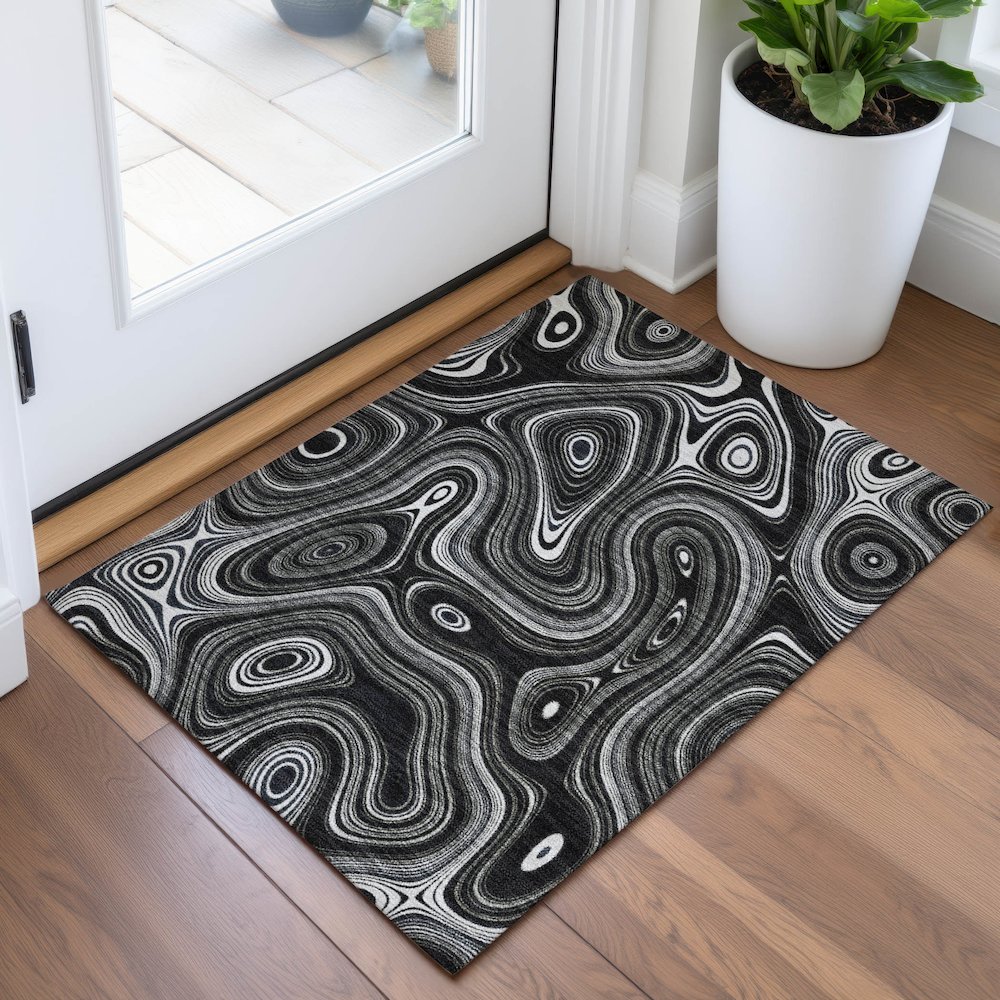 Machine Washable Indoor/Outdoor Chantille ACN2097 Black 1'8" x 2'6" Rug. Picture 5