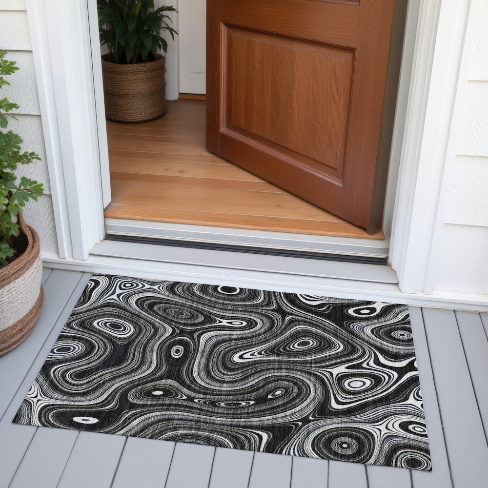 Machine Washable Indoor/Outdoor Chantille ACN2097 Black 1'8" x 2'6" Rug. Picture 6