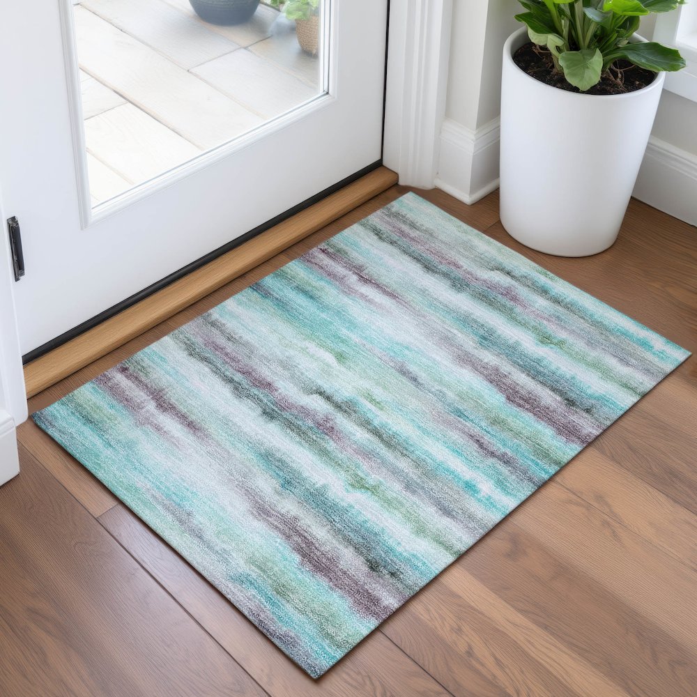 Machine Washable Indoor/Outdoor Chantille ACN2098 Teal 1'8" x 2'6" Rug. Picture 5
