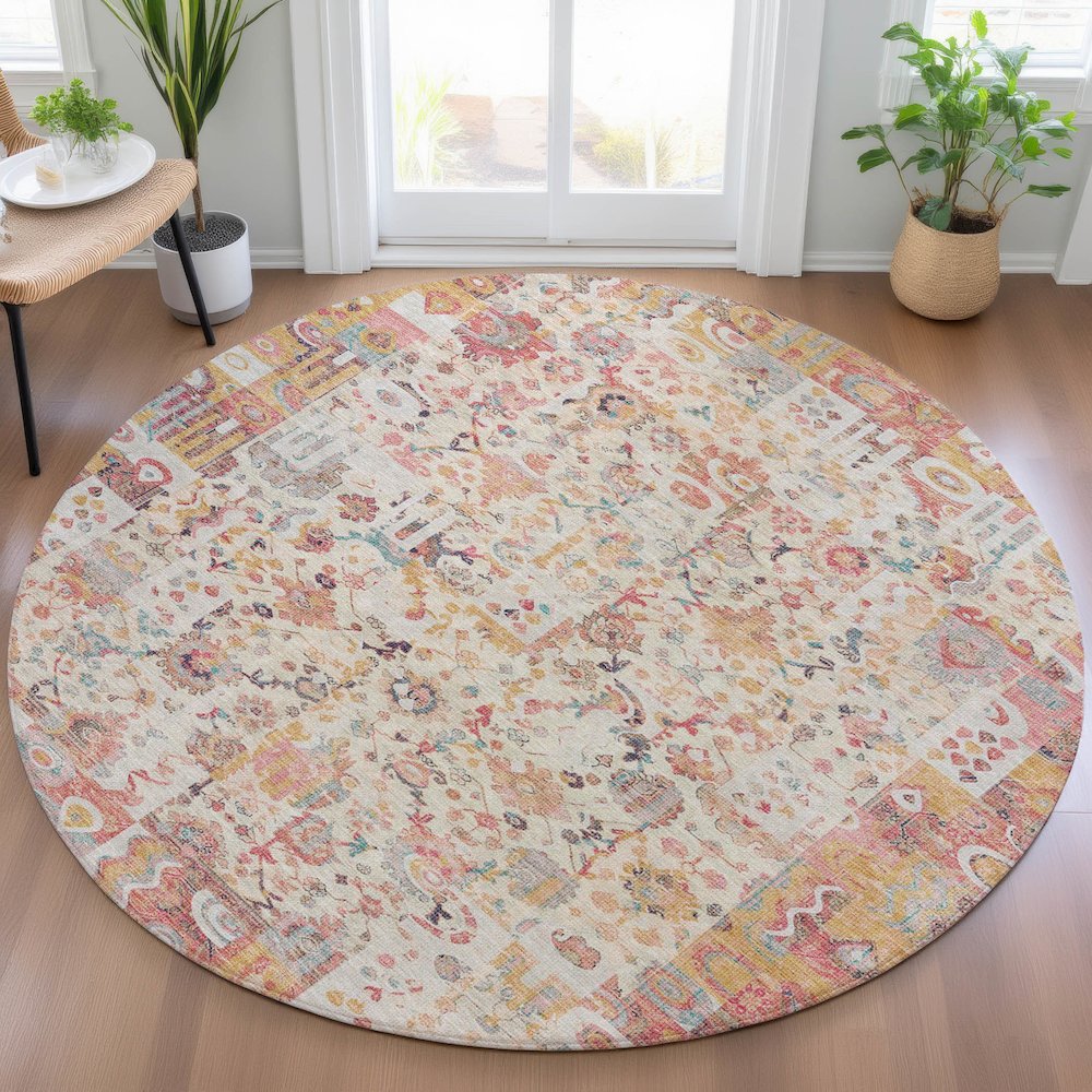 Machine Washable Indoor/Outdoor Chantille ACN2099 Pink 8' x 8' Round Rug. Picture 5