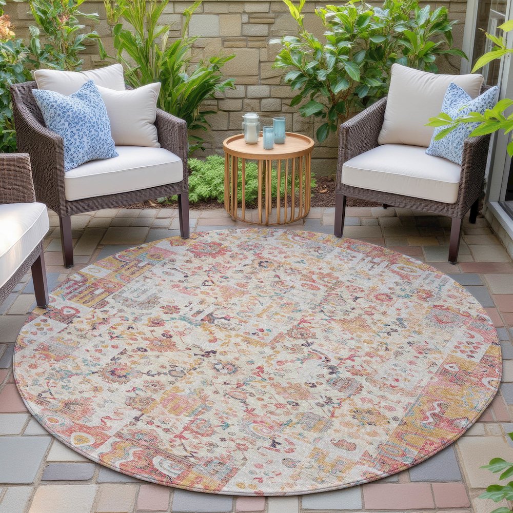 Machine Washable Indoor/Outdoor Chantille ACN2099 Pink 8' x 8' Round Rug. Picture 6