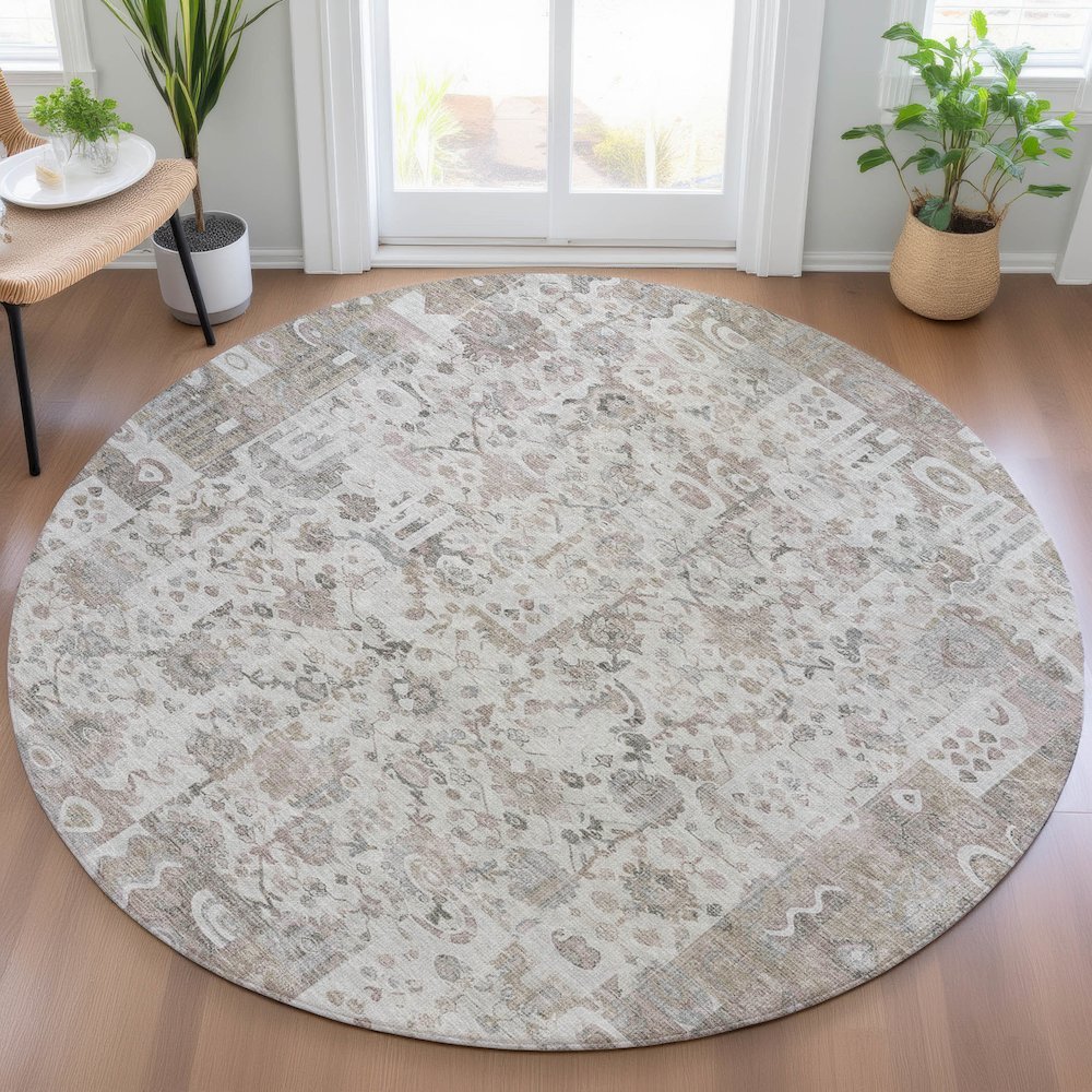 Machine Washable Indoor/Outdoor Chantille ACN2099 Taupe 8' x 8' Round Rug. Picture 5