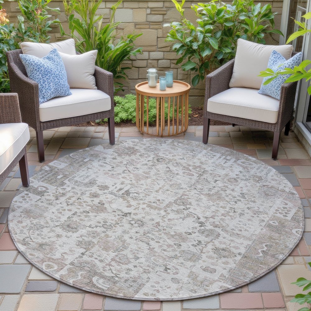 Machine Washable Indoor/Outdoor Chantille ACN2099 Taupe 8' x 8' Round Rug. Picture 6