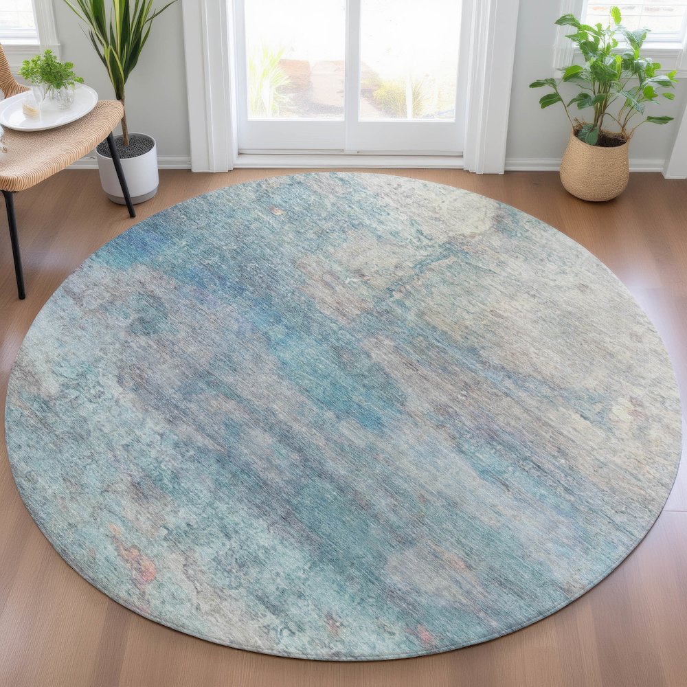 Machine Washable Indoor/Outdoor Chantille ACN2100 Aqua 8' x 8' Round Rug. Picture 5