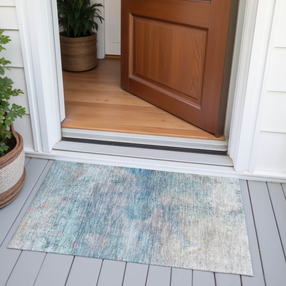 Machine Washable Indoor/Outdoor Chantille ACN2100 Aqua 1'8" x 2'6" Rug. Picture 6